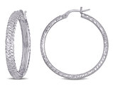 14K White Gold Textured Diamond-Cut Hoop Earrings (32mm)